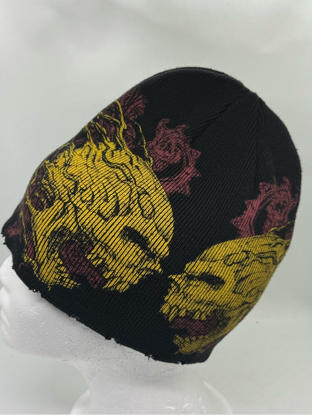 Affliction Double Skull Graphic Stretch Knit Beanie Cap.
